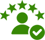 A green image of a person with five stars in the middle.